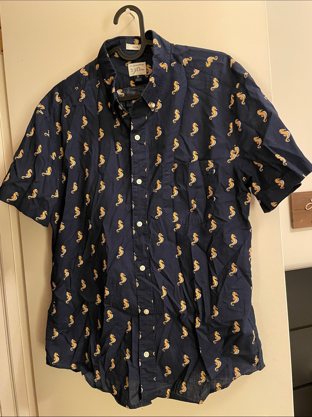 J. Crew slim fit 100% cotton button-down shirt in navy seahorse print, size M